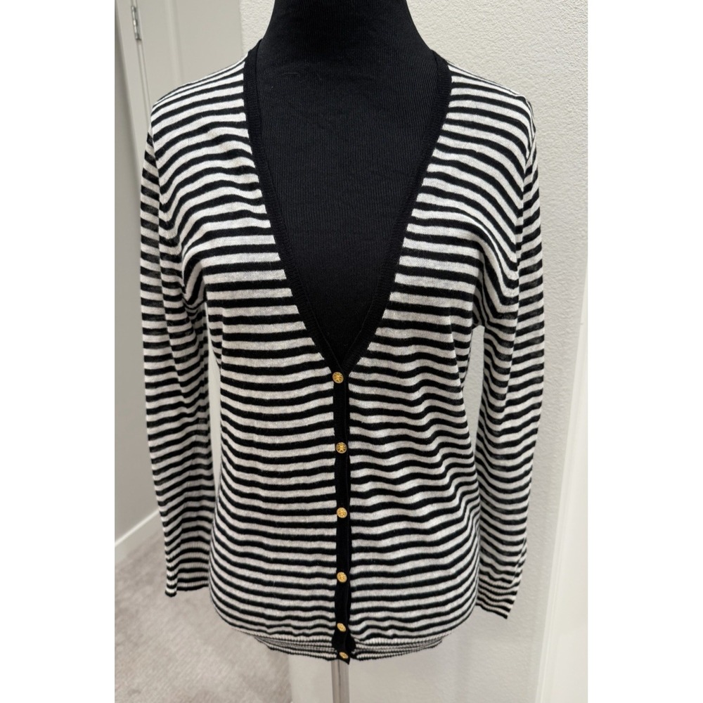 Tory Burch Linen-Blend Black & White Striped Cardigan Sweater M Gold Logo Button